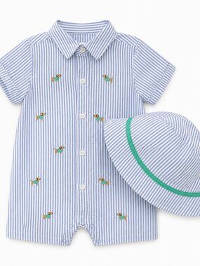 NWT Little Me Baby Boy 2 Piece Shortall & Hat Set Size 6 Months Puppy Seersucker